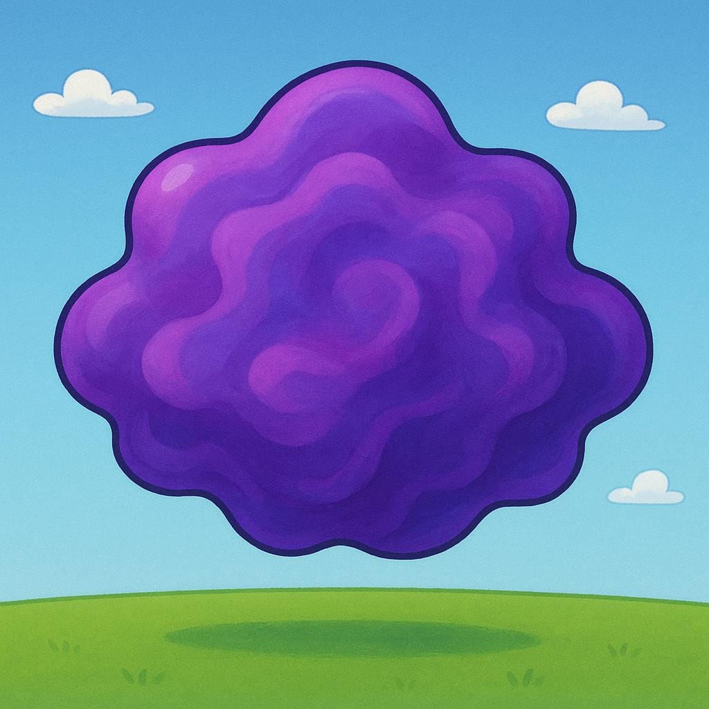 A colorful storybook illustration of a large, soft, purple cloud or blob that has no discernible or fixed shape, floating in the air.