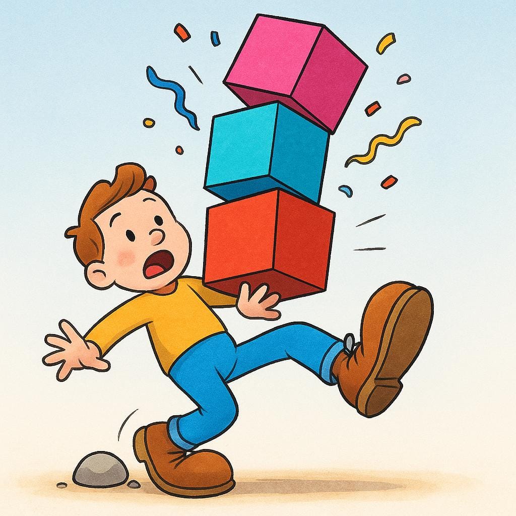 A simple illustration of a person stumbling and dropping several boxes, showing clumsiness.