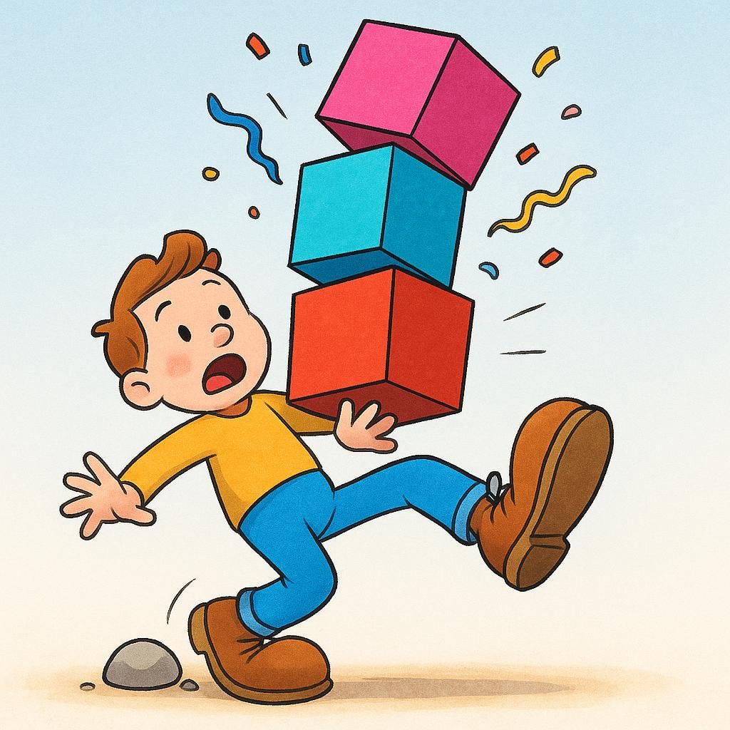 A simple illustration of a person stumbling and dropping several boxes, showing clumsiness.
