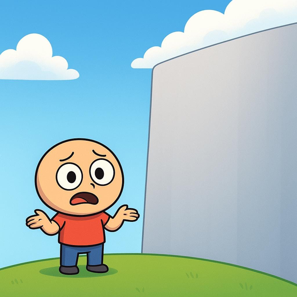 信じられないほど高く、滑らかで垂直な青い壁の基部に立つ、決意の固い小さなキャラクターが、絶対的な不可能性を示すジェスチャーで両手を上げているユーモラスなイラスト。