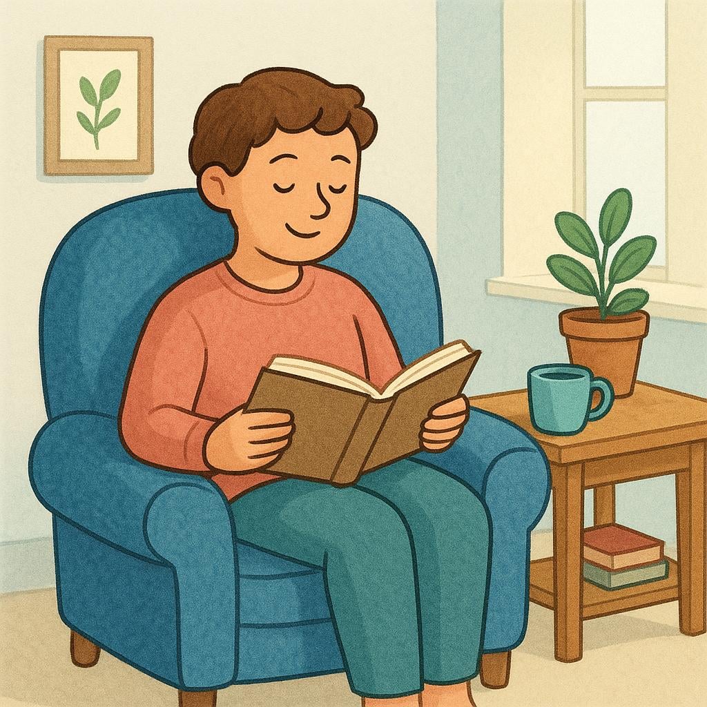A person sitting on a cozy chair, holding an open book with a satisfied expression, having just finished reading.