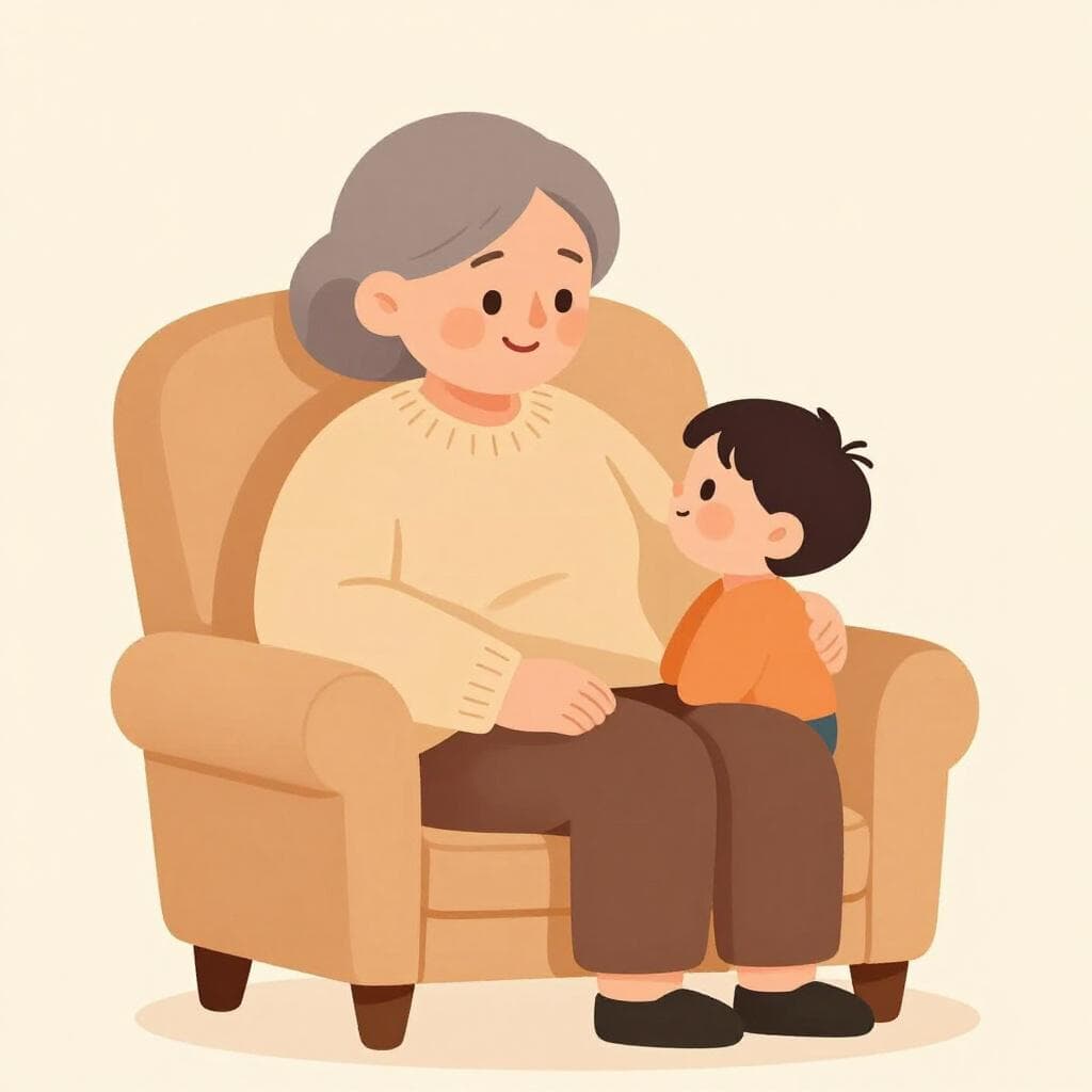 Een oudere persoon met een vriendelijk gezicht die warm lacht terwijl hij de hand van een kind vasthoudt.