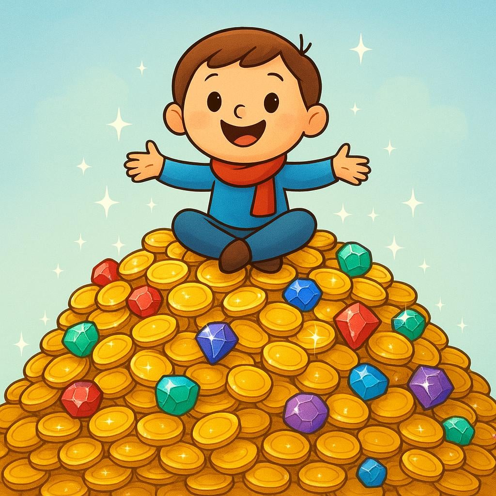 A happy cartoon character sitting on a massive, overflowing pile of shiny gold coins and sparkling gems.