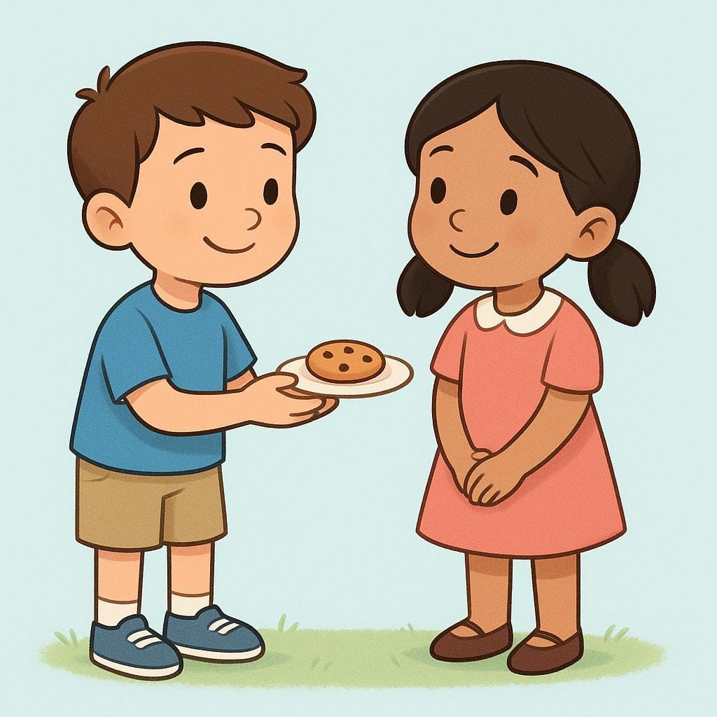 A colorful storybook illustration showing two young children standing politely. A boy is courteously offering a freshly baked cookie on a small plate to a girl, demonstrating good manners.