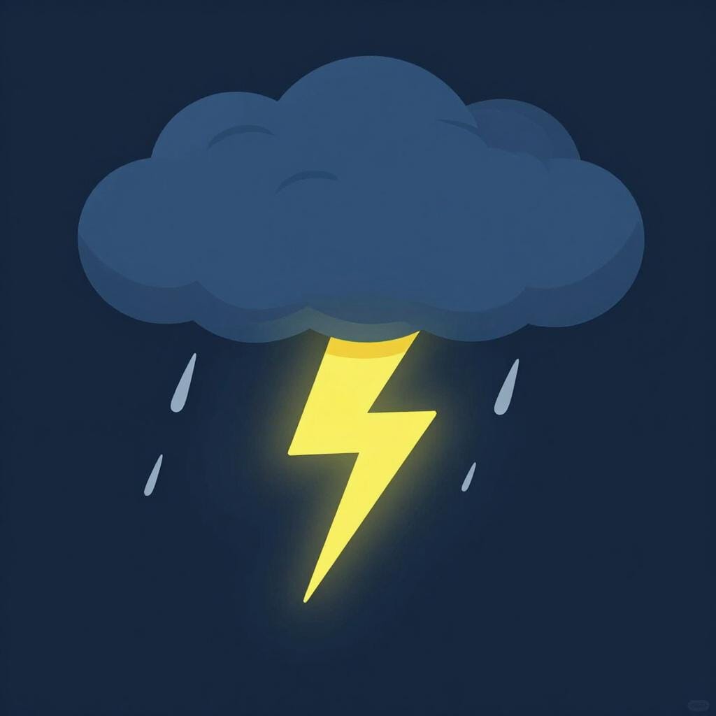 A dark, stormy sky with large, heavy clouds and a bright bolt of lightning striking down.