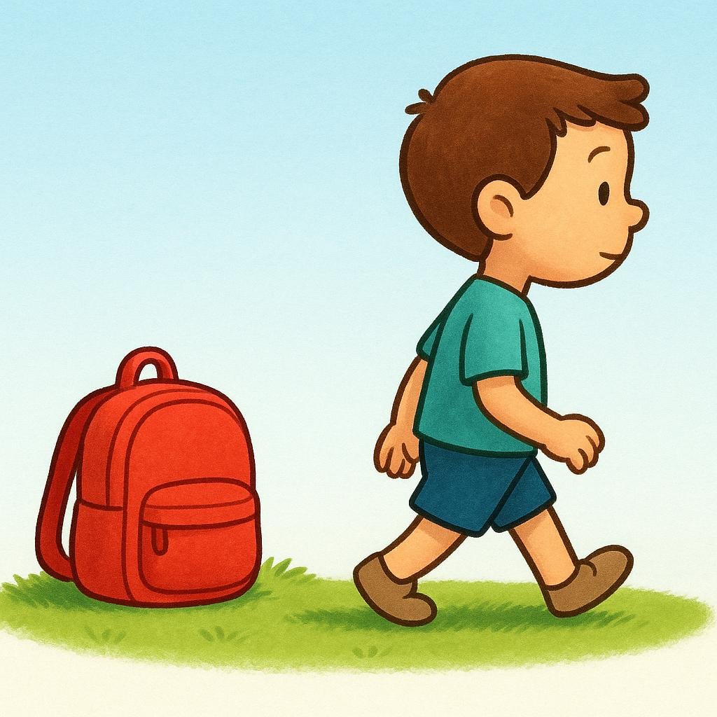 A small child is walking away from a bright red backpack resting on a grassy hill, symbolizing leaving something behind.