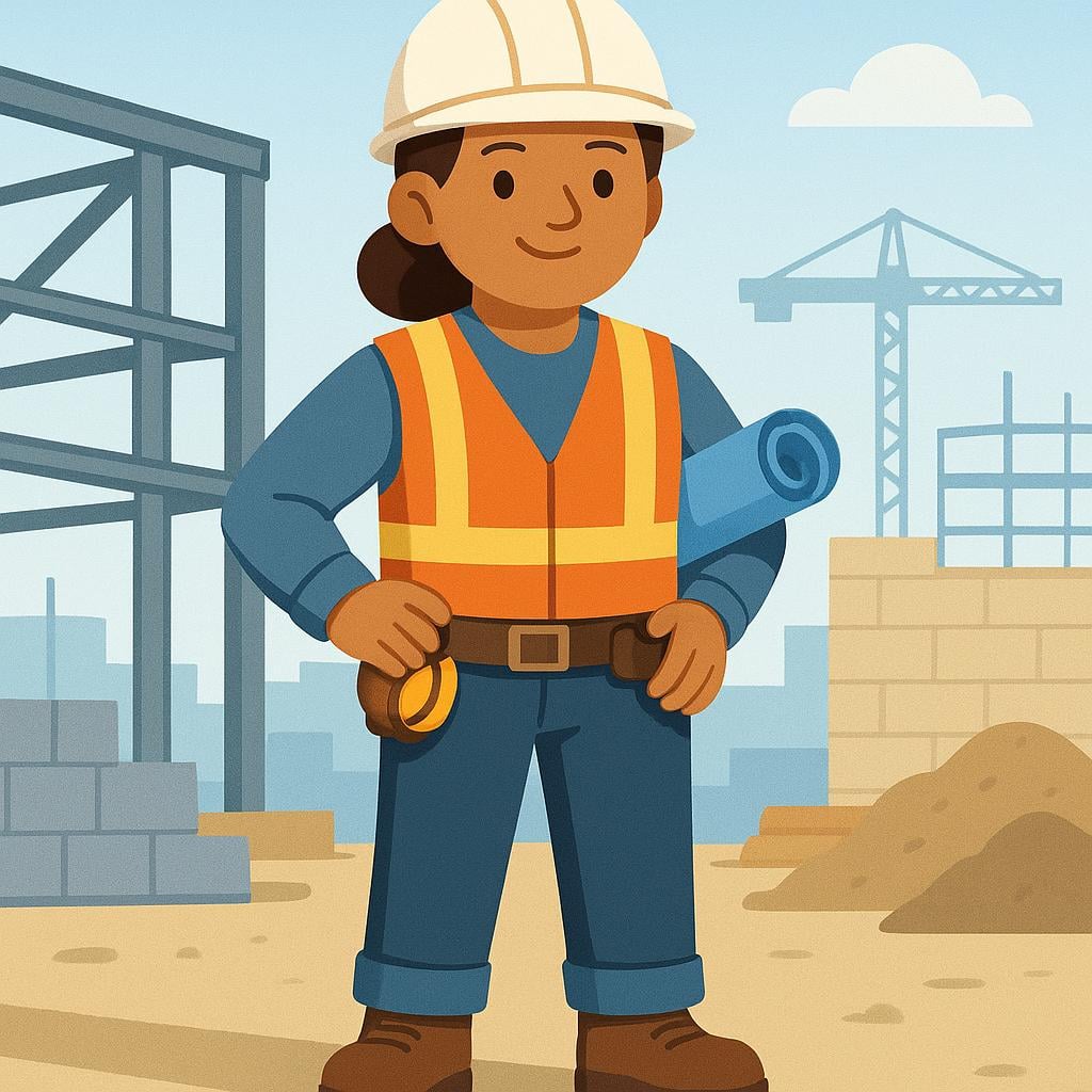 A person wearing a yellow hard hat and safety vest, standing on a construction site while holding a rolled-up blueprint, symbolizing their profession.