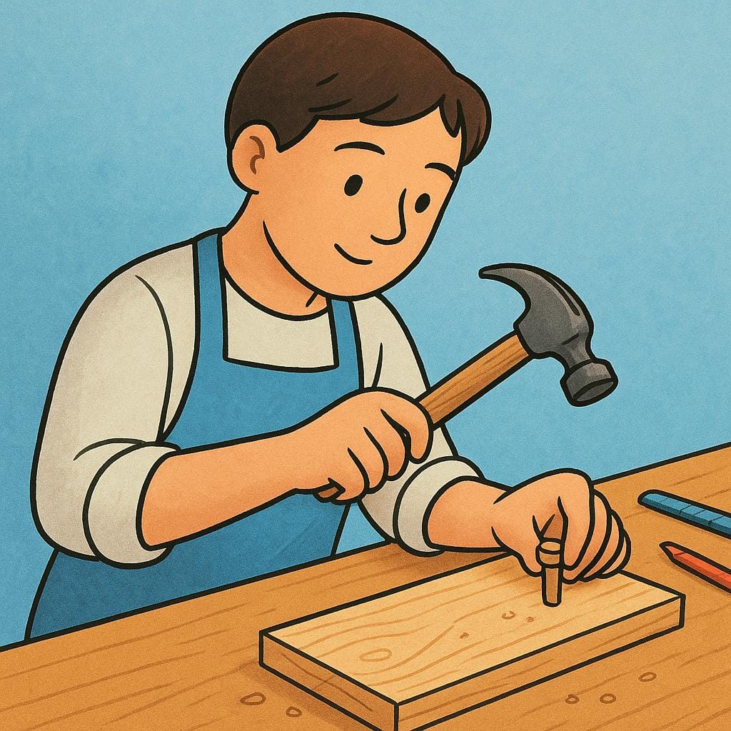 A person wearing an apron diligently hammering a small wooden peg into a board on a workbench, showing concentration and hard work.