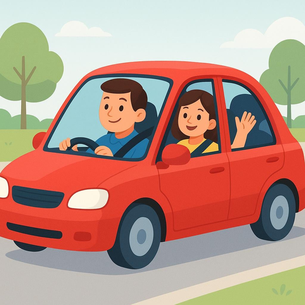 A bright red car driving down a road, with a smiling driver and a passenger visible inside the vehicle.