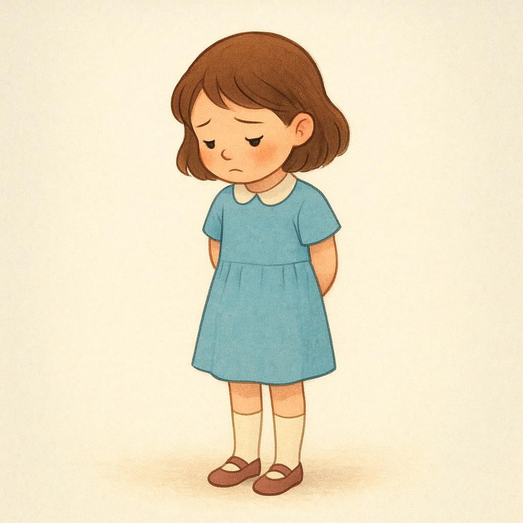 A young girl looking down at the floor with a sad expression and rosy red cheeks.