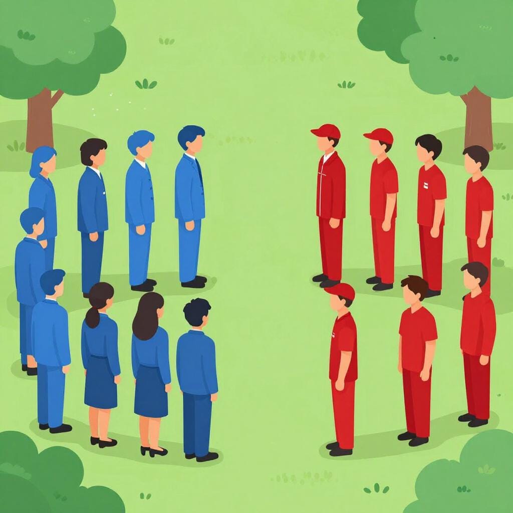 A large group of people standing on one side of a line, facing a smaller group on the other side, representing different sides of a debate.