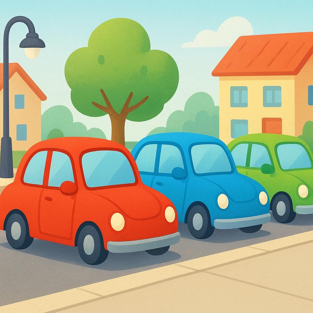 A row of three brightly colored, simple automobiles parked side-by-side on a street.