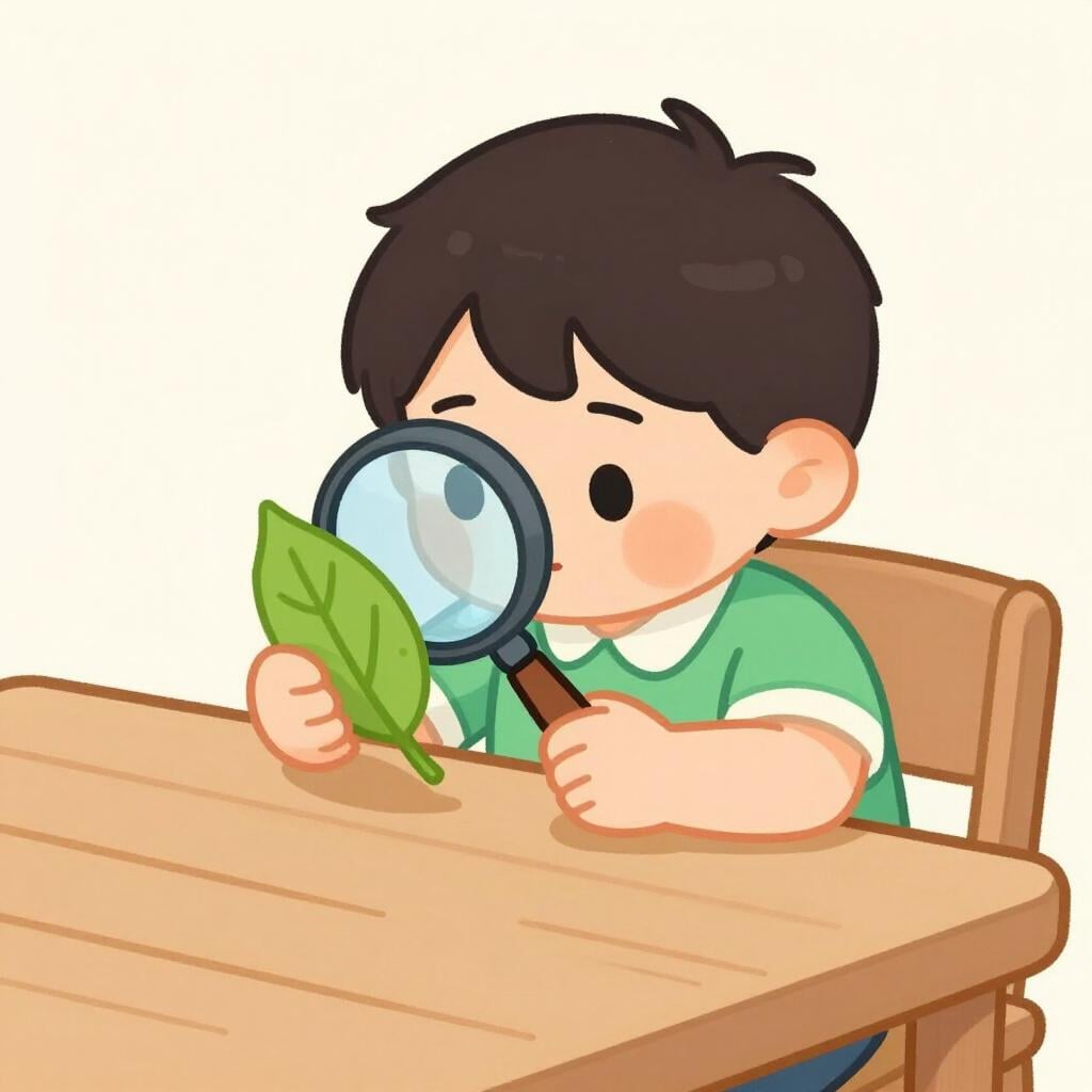A child intently looking through a magnifying glass at a single leaf on a wooden table.