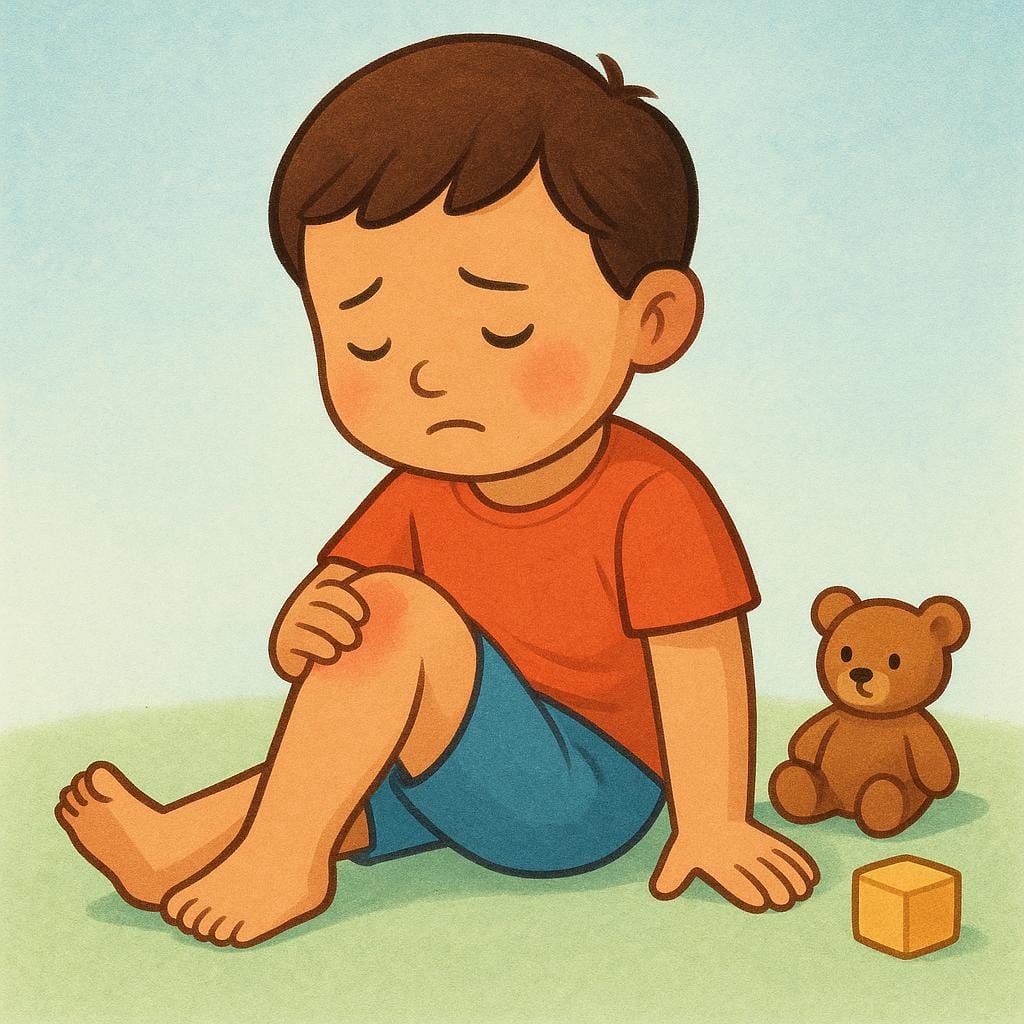 A storybook illustration of a young child sitting on the ground, clutching their knee and looking slightly distressed, indicating physical pain.