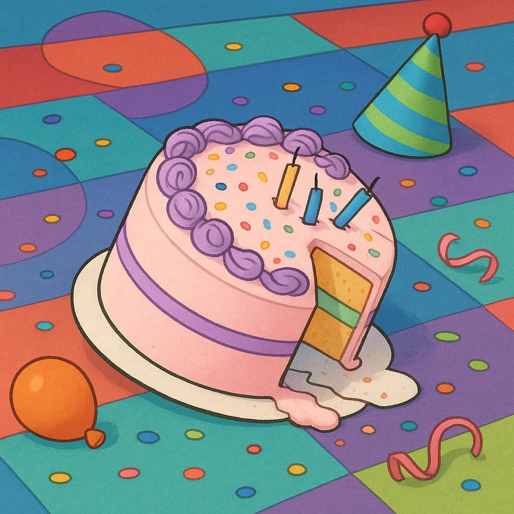 A brightly decorated birthday cake lying upside down on the floor, surrounded by colorful confetti, symbolizing a spoiled celebration.