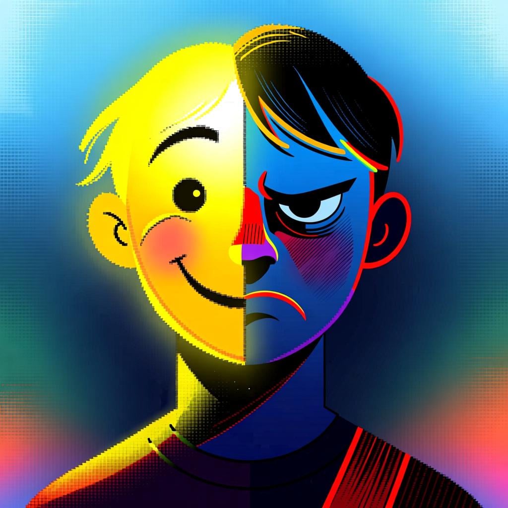 A profile view of a person showing two contrasting emotional sides on their face.