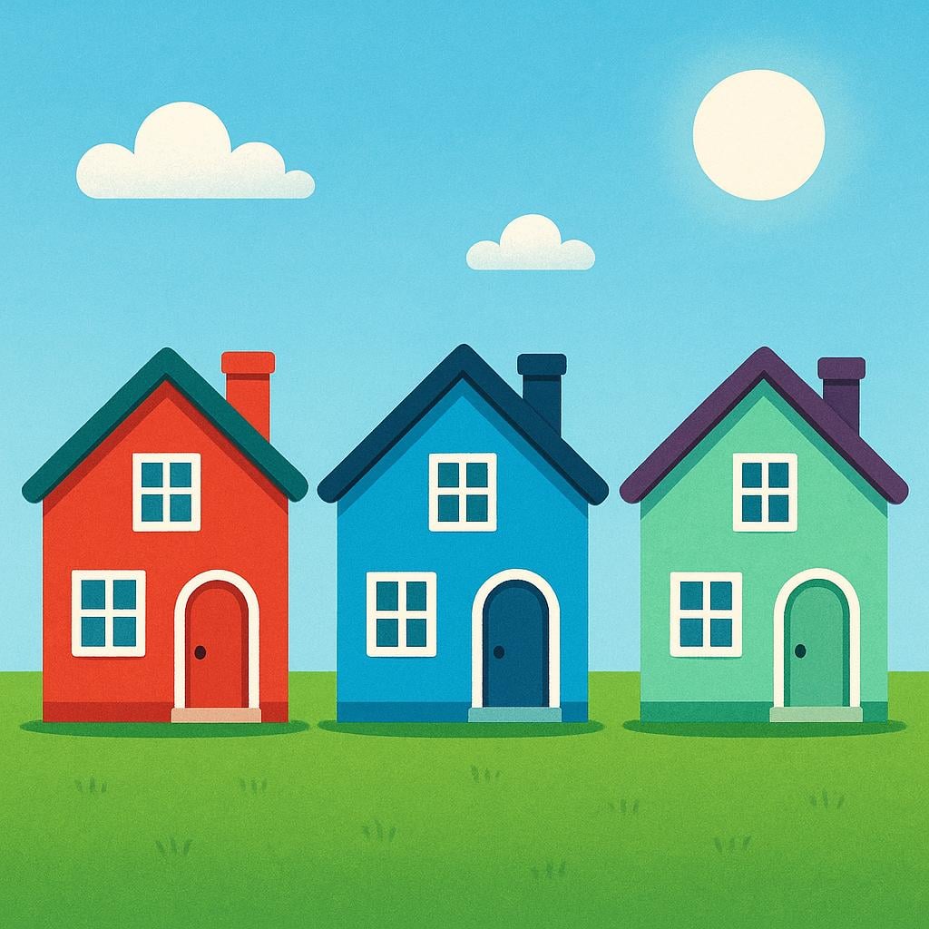 A row of three simple, colorful, distinct houses with peaked roofs and chimneys, set against a bright blue sky.