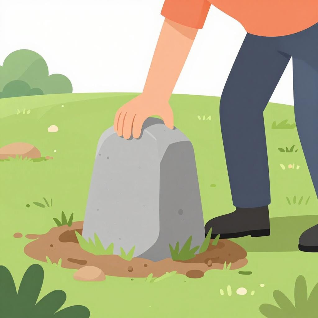 Een persoon in historische kleding die een grote, zware hoeksteen voor een nieuw gebouw op een groen veld plaatst.