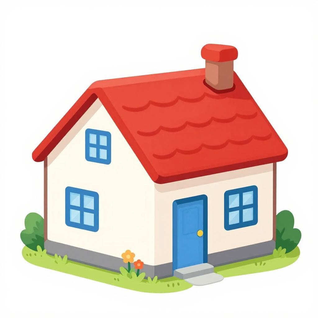 Une petite maison confortable avec un toit rouge, une porte bleue et un jardin vert.