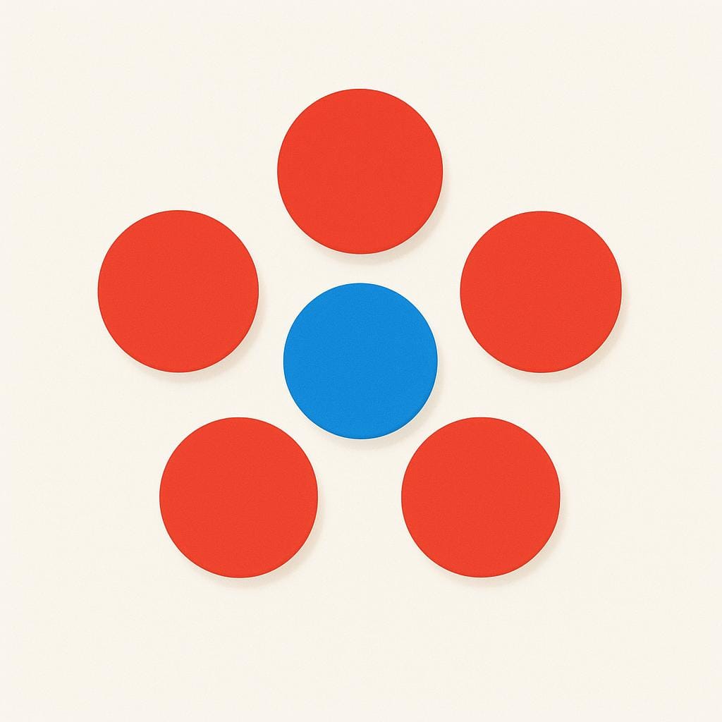 Uma ilustração colorida mostrando um grupo de cinco círculos vermelhos cercando um círculo azul distintamente diferente colocado precisamente no centro, representando especificidade.