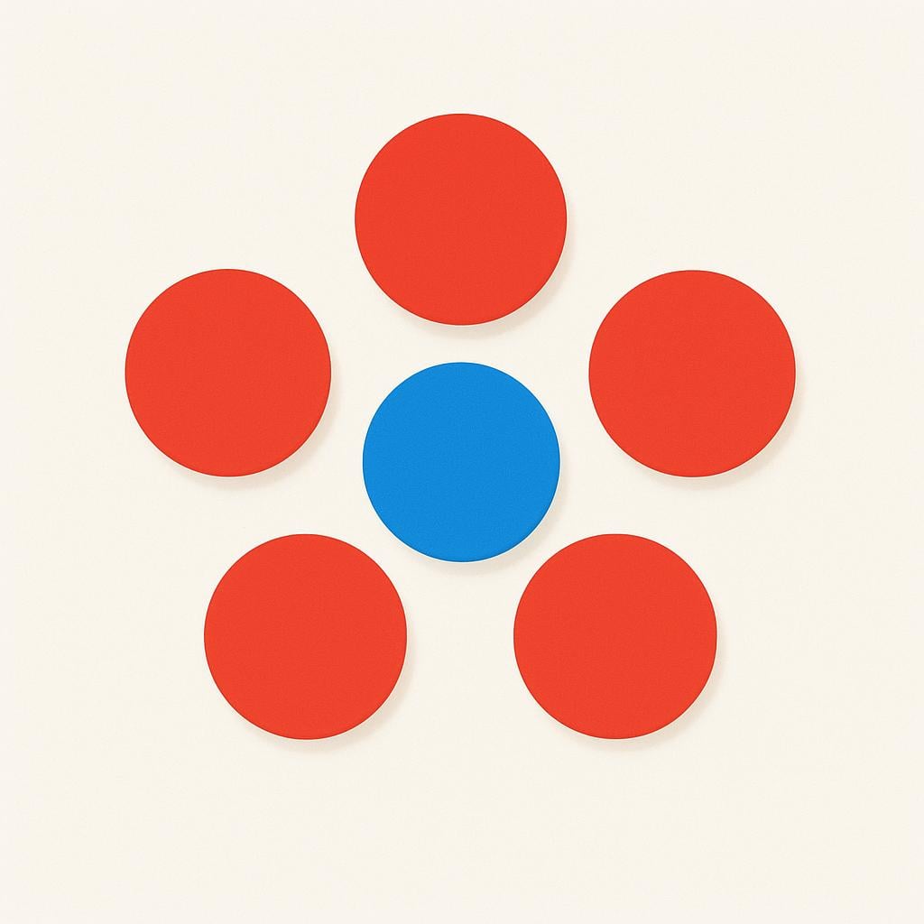 A colorful illustration showing a group of five red circles surrounding one distinctly different blue circle placed precisely in the center, representing specificity.