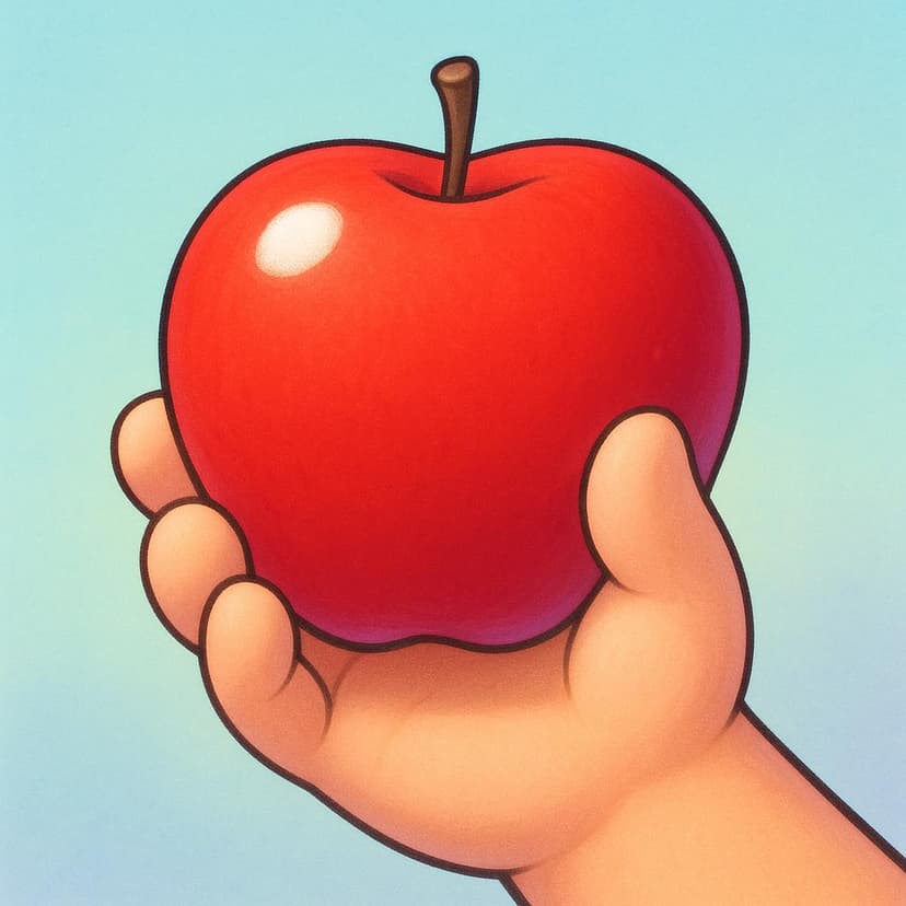 손이 아래로 뻗어 밝은 빨간색의 작은 사과를 성공적으로 잡고 있는 모습의 클로즈업.