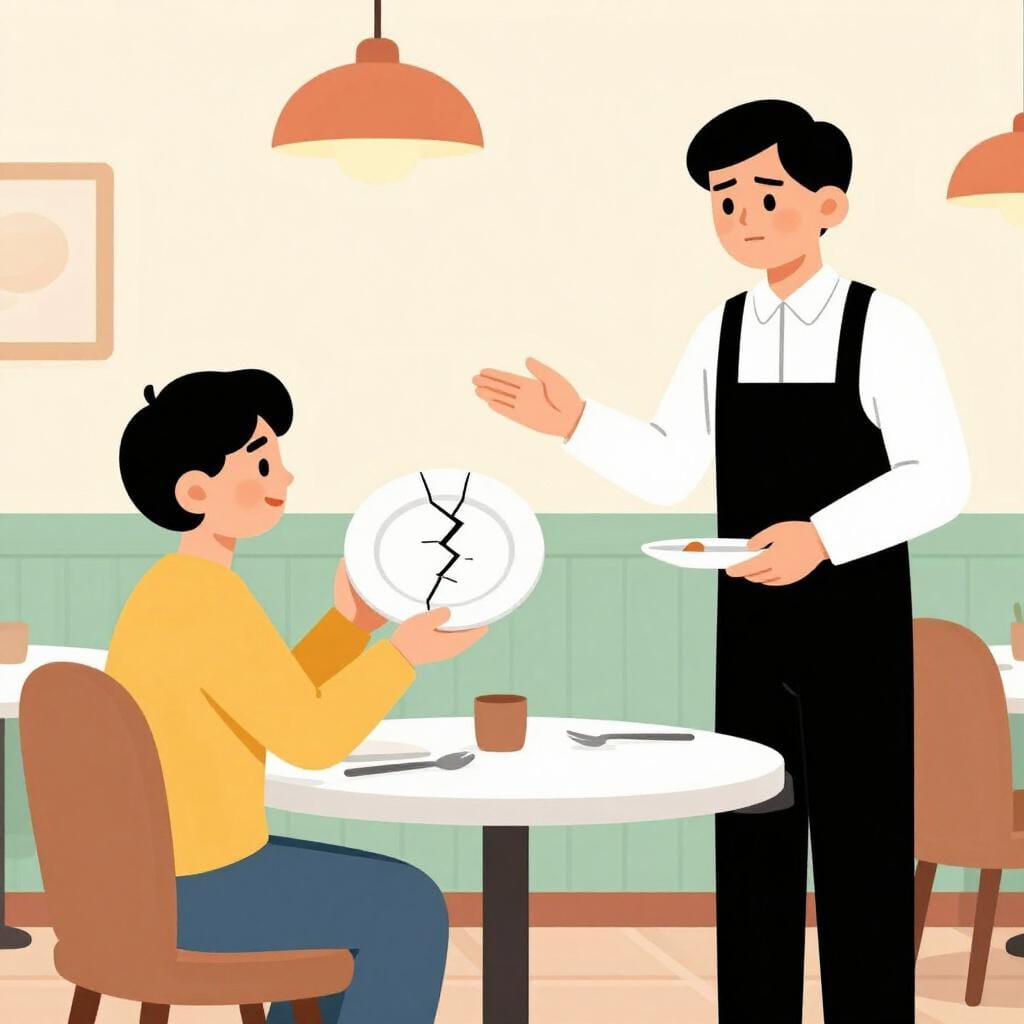 A person showing a broken plate to a waiter in a restaurant, expressing a formal complaint.