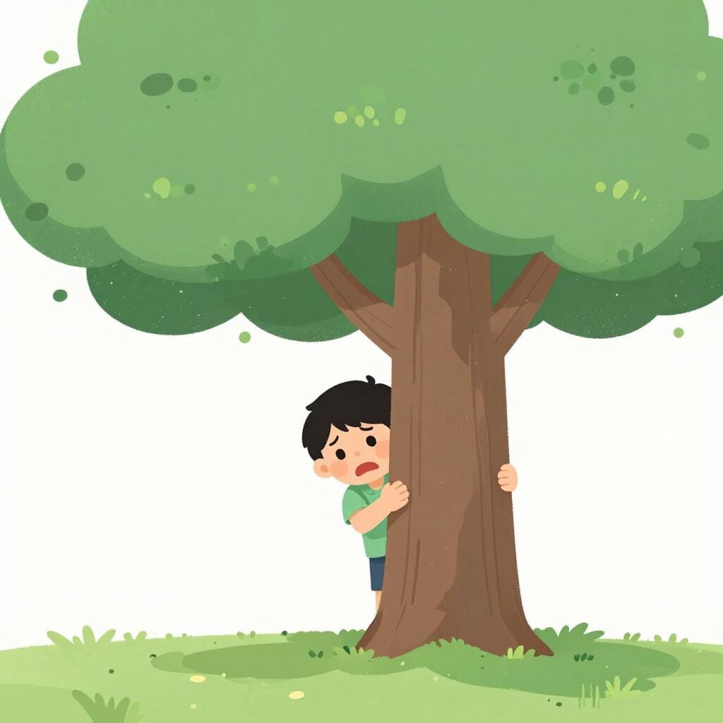 큰 나무 뒤에 숨어 몸을 떨고 있는 사람의 일러스트.