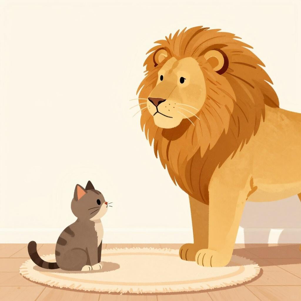 L'ombra di un maestoso leone proiettata su un muro da un piccolo gatto domestico seduto su un tappeto.