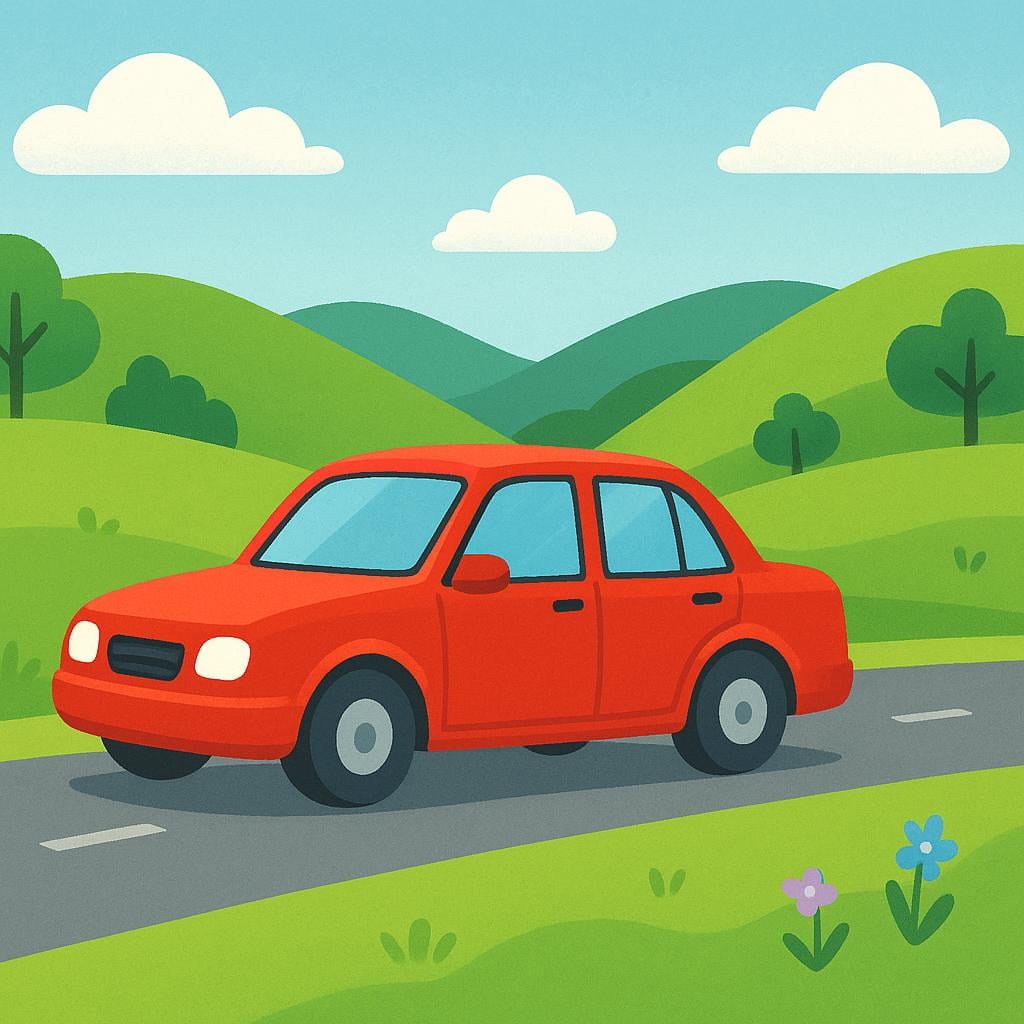 A bright red four-door sedan driving along a sunny, winding road with green fields on either side.