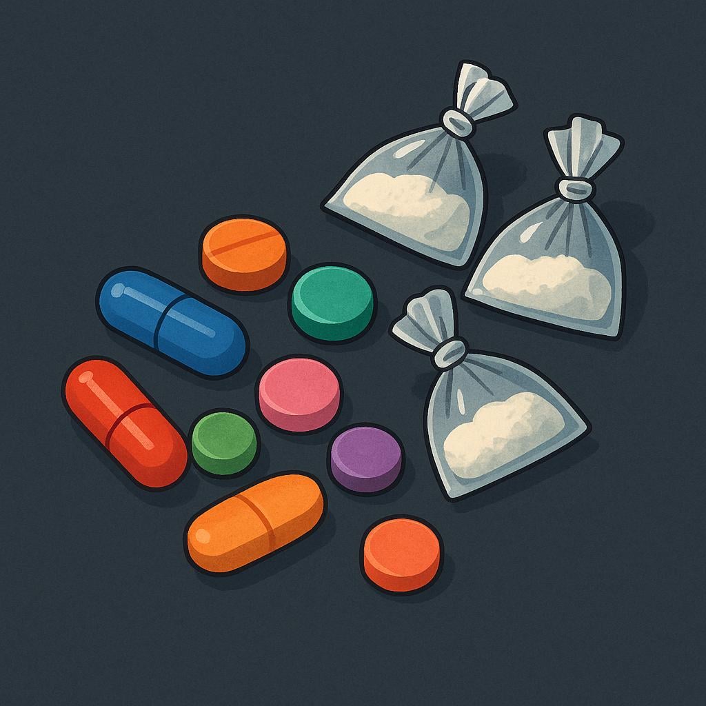 A small, suspicious pile of various brightly colored pills and white powder contained in small plastic baggies, symbolizing illegal substances.