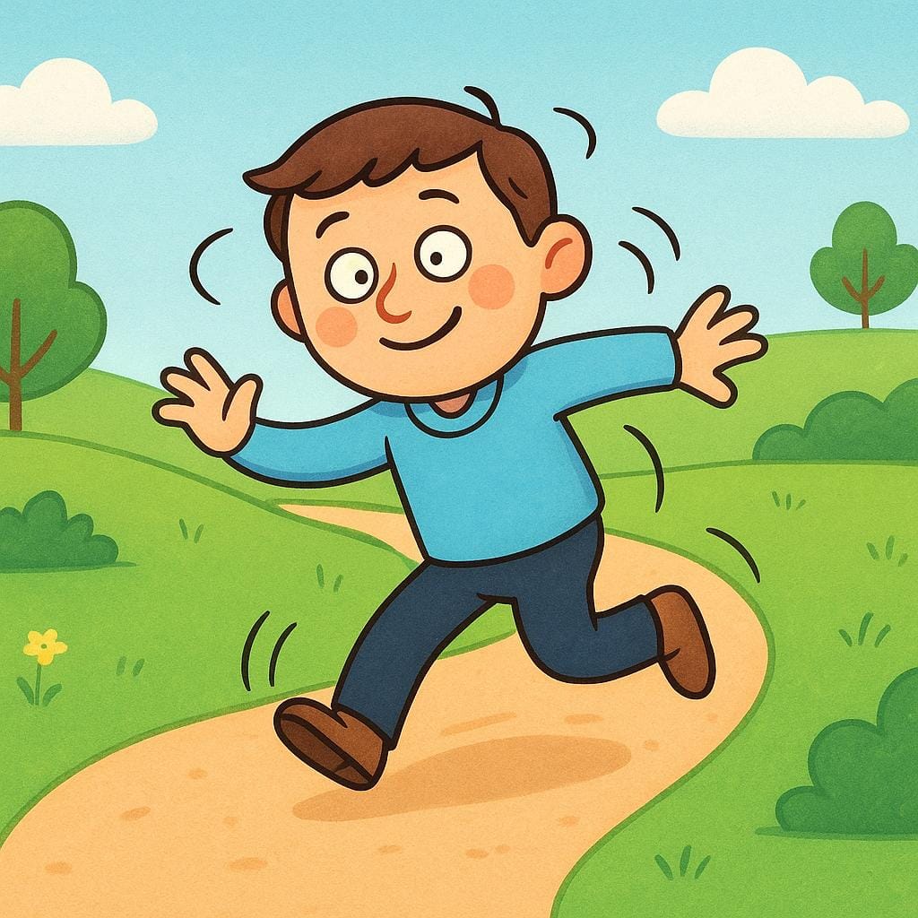 A cartoon illustration of a dizzy man stumbling and swaying heavily while walking on a road.