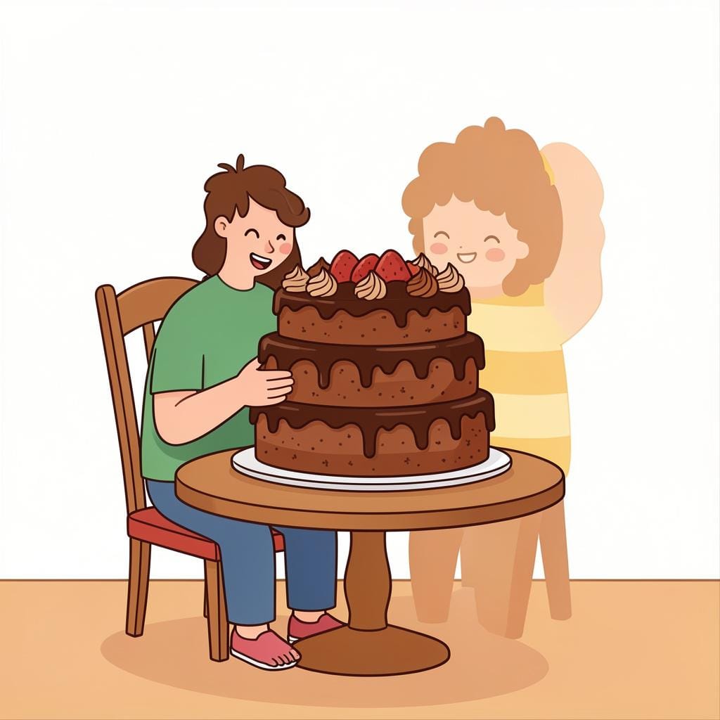 A single person happily eating a large, fancy chocolate cake with many layers and decorations.