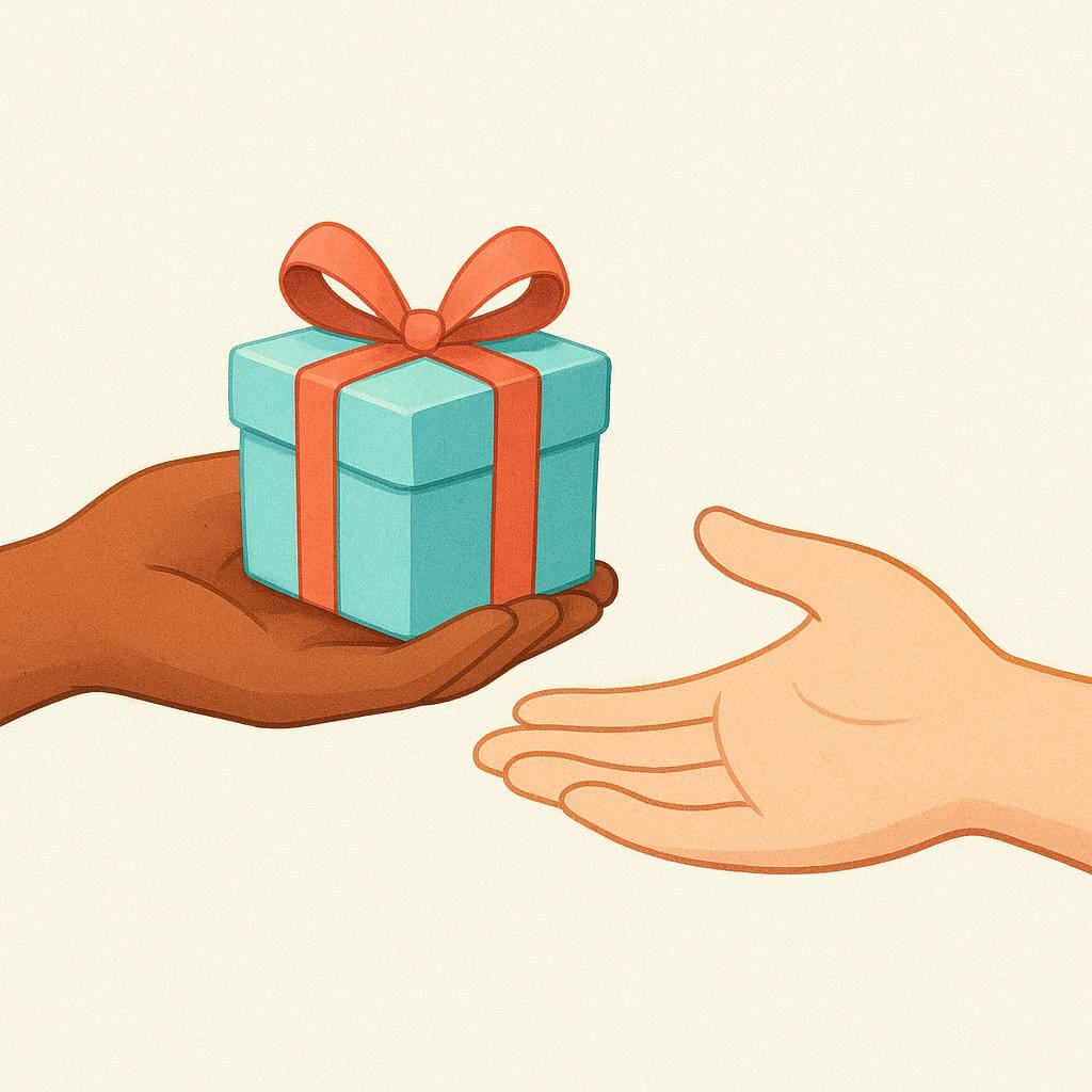 一方の手がそっと開いた手のひらに小さな包まれたプレゼントボックスを差し出しているシンプルなイラスト。これは完了した提示や提供を象徴しています。