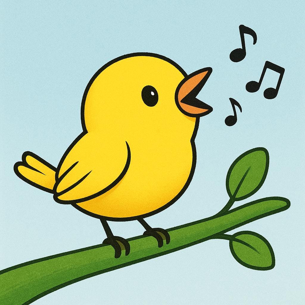 A small, bright yellow bird perched on a green tree branch, opening its beak to chirp.
