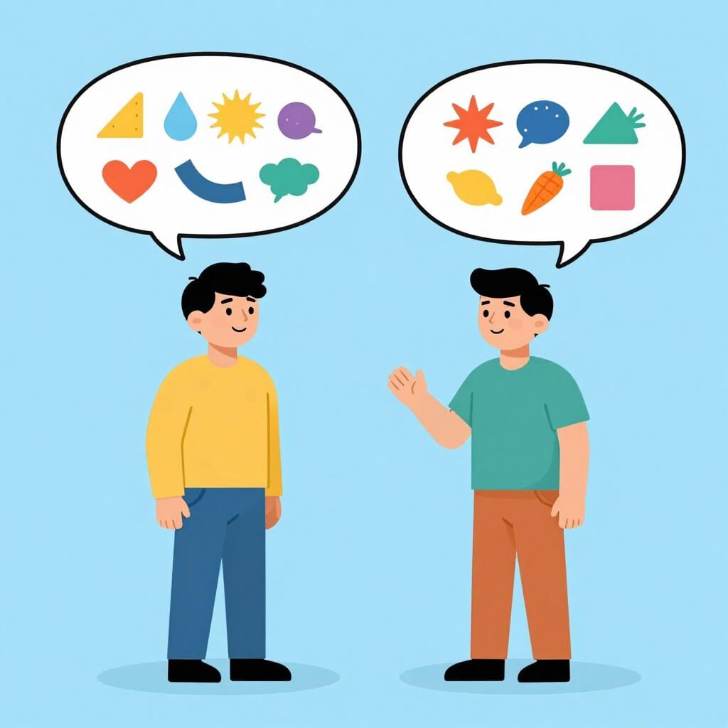 A simple colorful illustration of two people talking with speech bubbles containing small hearts and stars.