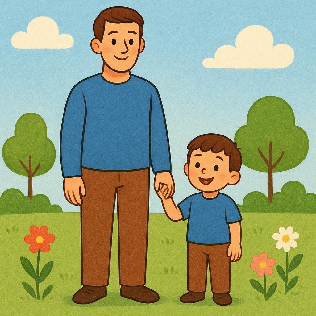 A tall adult man and a much smaller boy standing together, both wearing identical blue shirts and brown pants, suggesting they share a name.