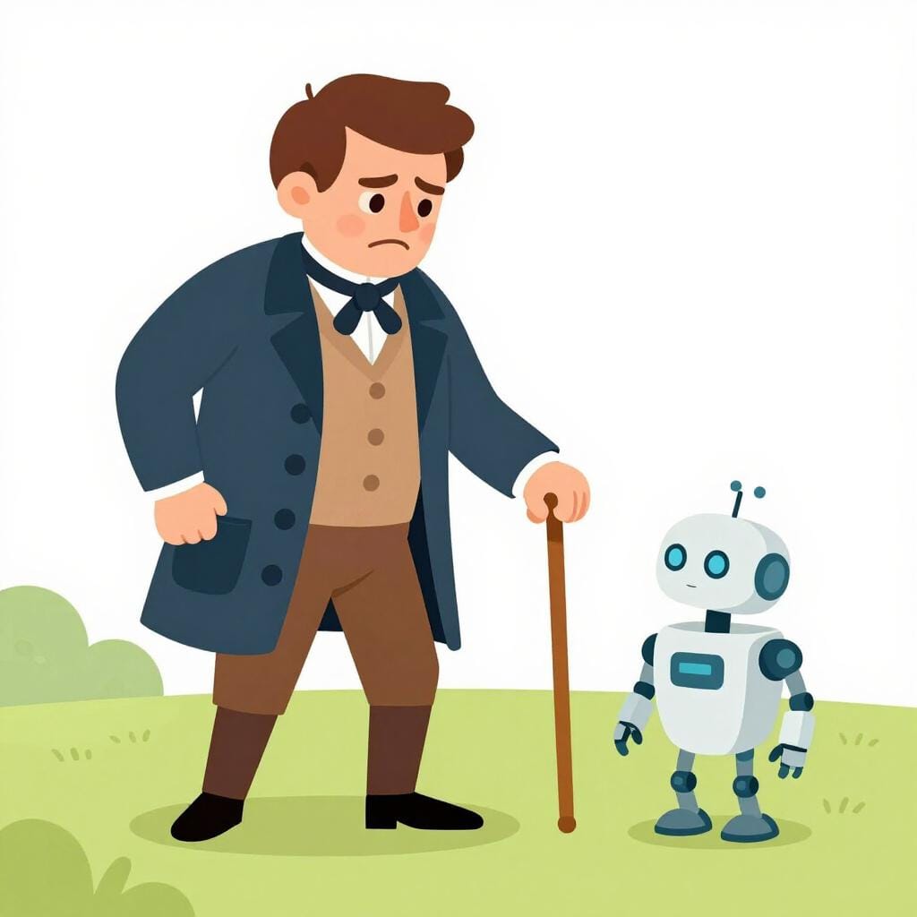 A person wearing outdated, heavy Victorian-era clothing standing in a modern city street, looking confused by a smartphone.