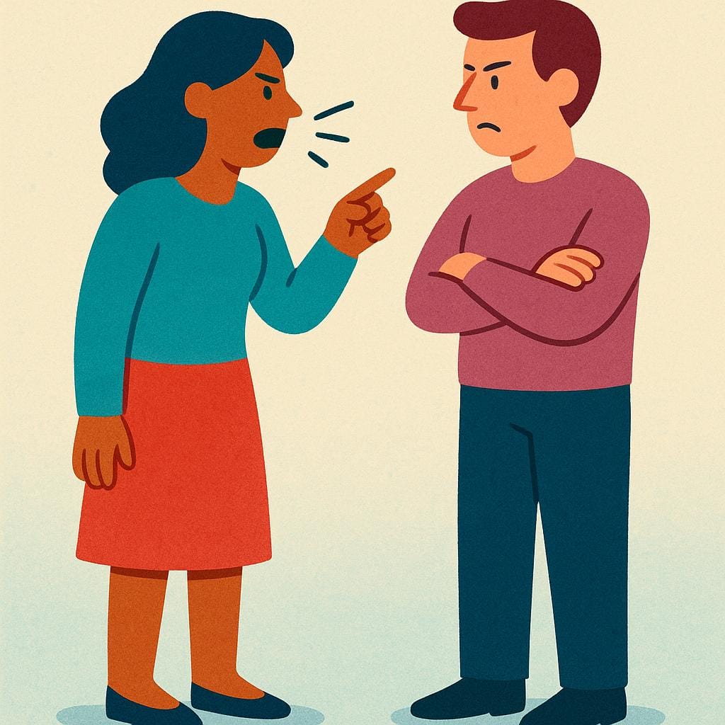 Two stylized adult figures standing opposite each other with clear expressions of anger and disagreement, one pointing a finger, illustrating a verbal argument.