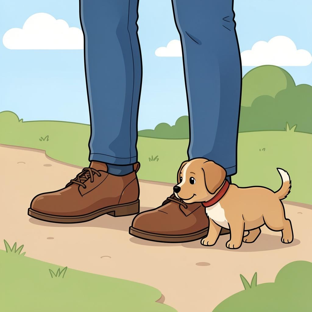 A small puppy following a person's heels very closely.