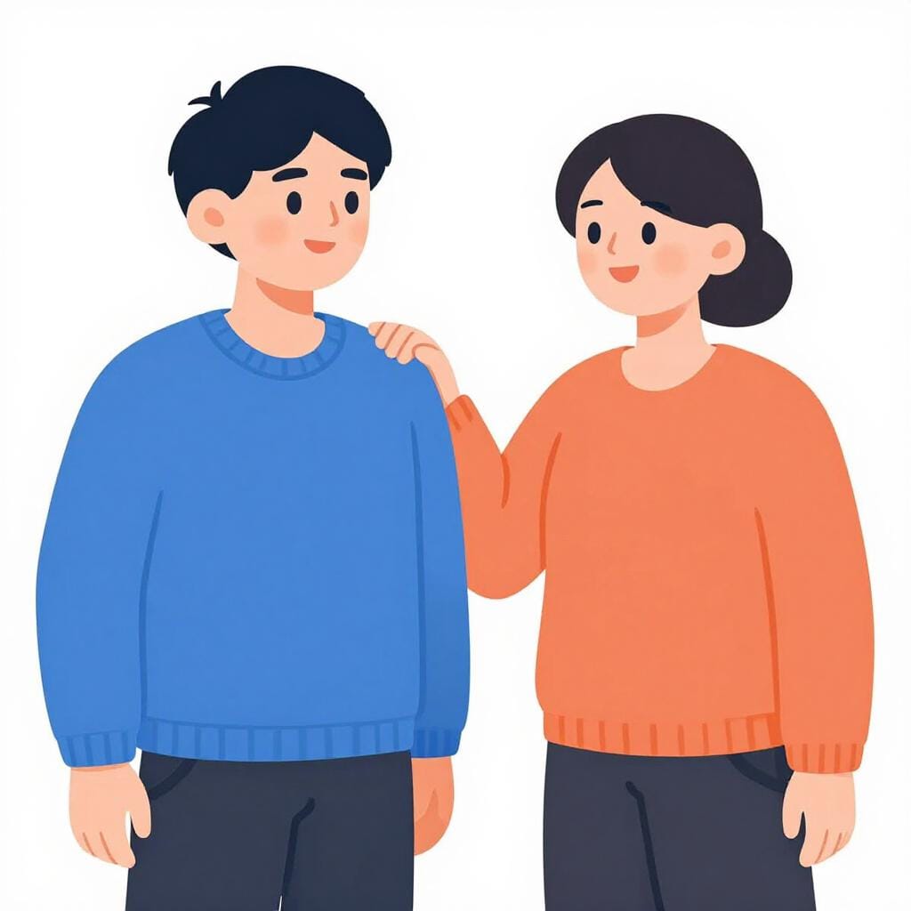 A person placing a supportive hand on a friend's shoulder to show encouragement.