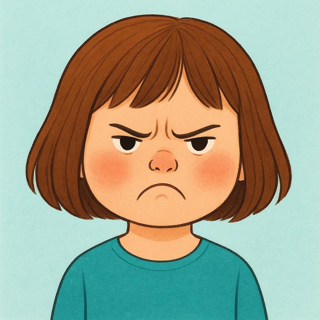 A simple storybook illustration of a young girl with a scowl, furrowed eyebrows, and red cheeks, showing she is angry.