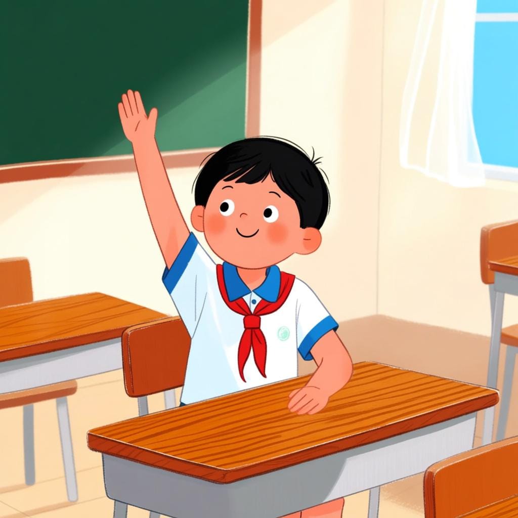 A student sitting at a desk in a bright classroom, raising their hand eagerly to ask a question.