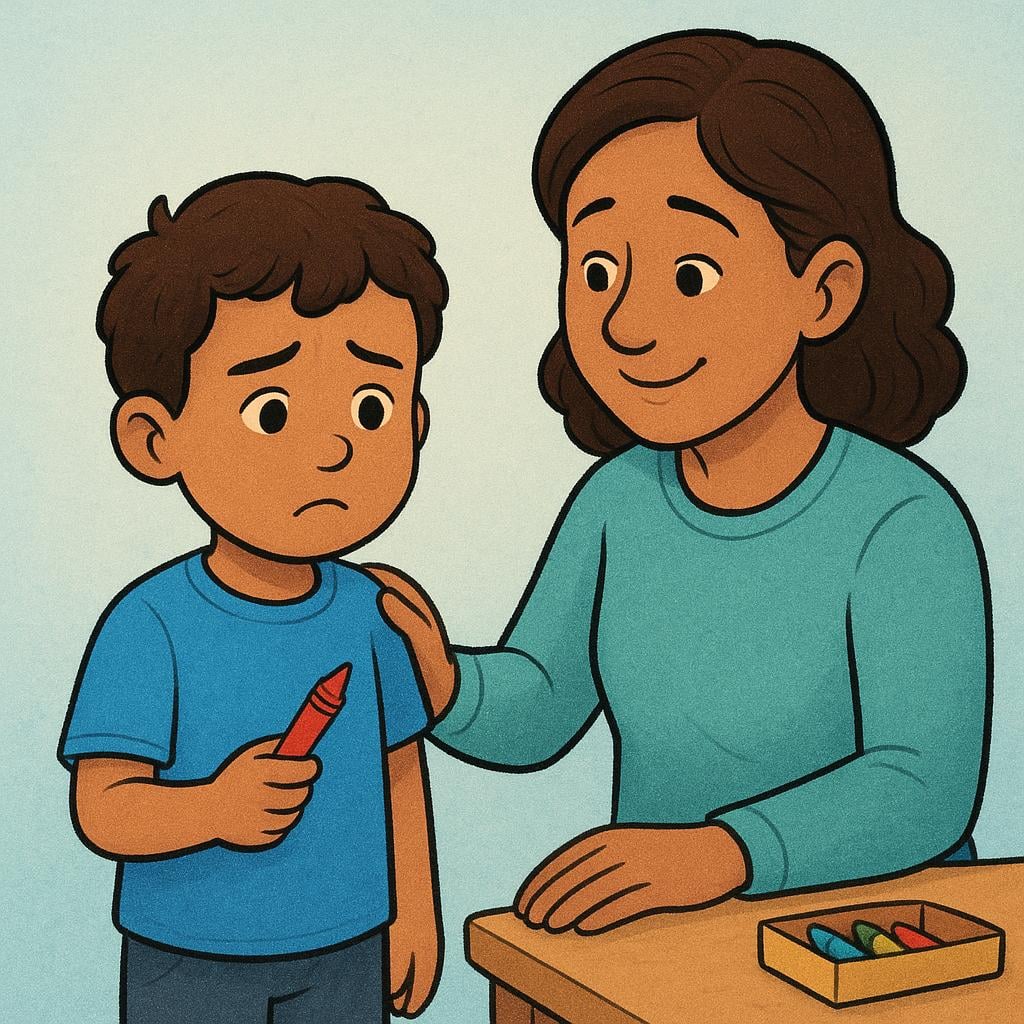 A small child with a slightly worried expression is holding a broken red crayon, standing next to an adult who looks understanding, illustrating the act of admitting a fault.