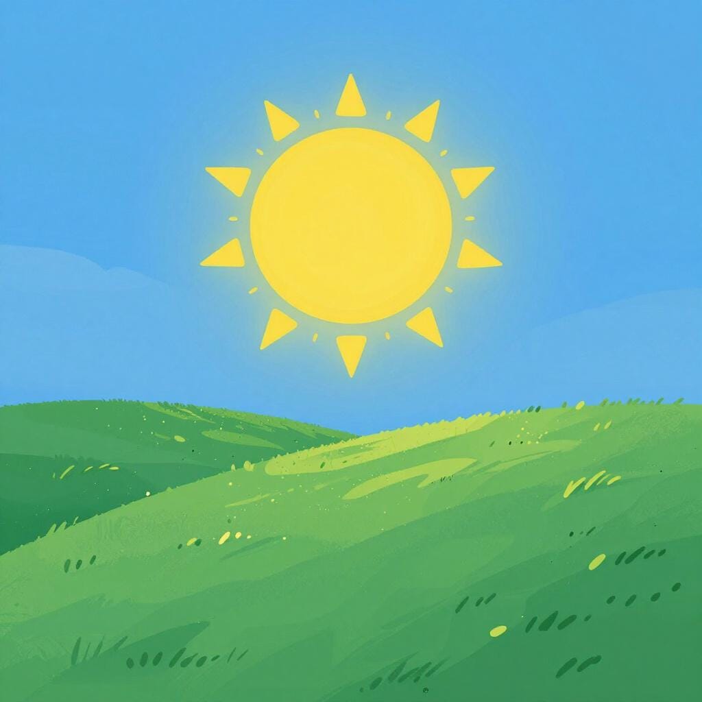 緑の丘の上に昇り、反対側で沈む太陽を示し、一日の経過を表す。