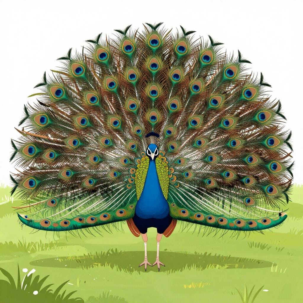 Um pavão colorido exibindo suas penas em uma grande demonstração.