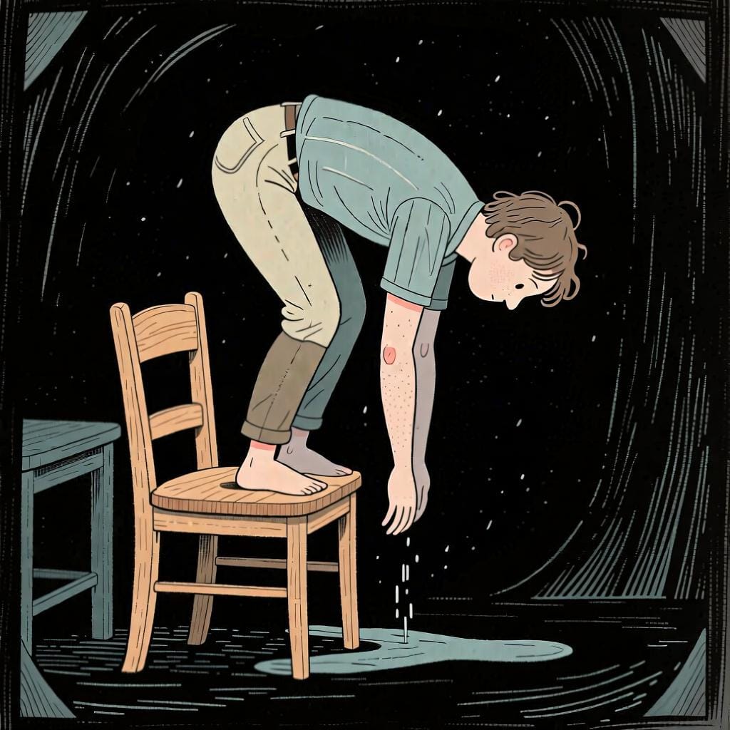 A person in the middle of the action of sitting down onto a simple wooden chair.