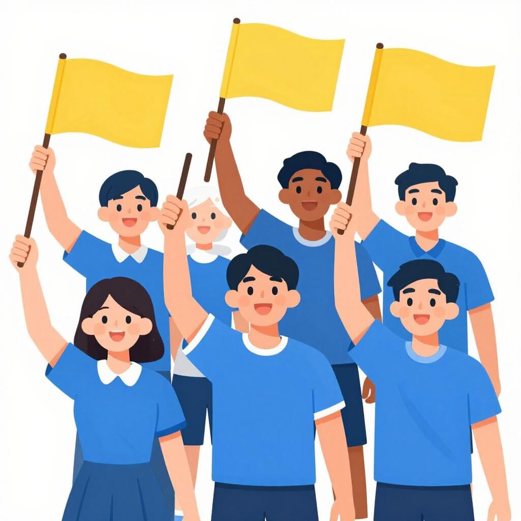 A group of cheerful people wearing matching blue jerseys and waving yellow flags.