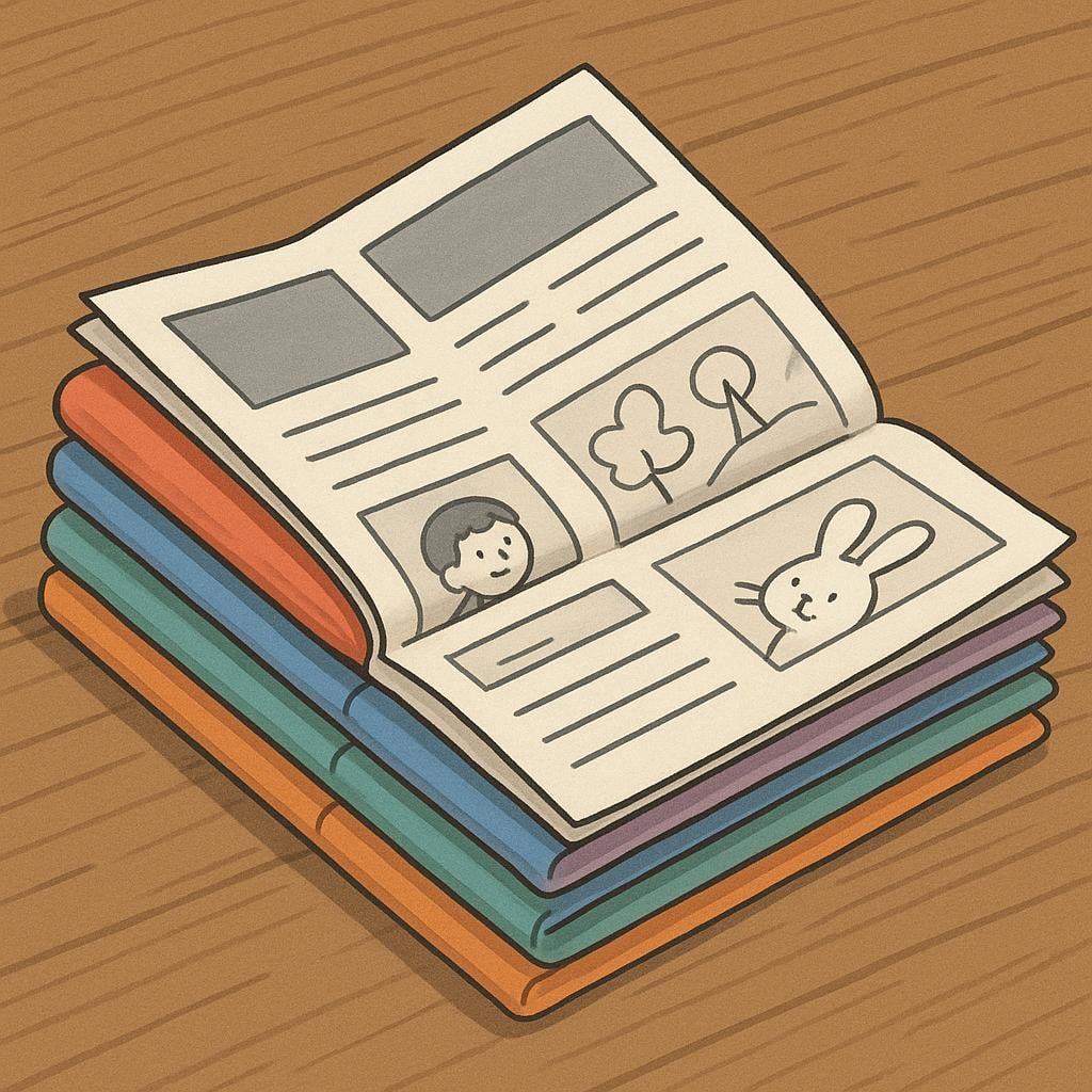 A neat stack of brightly colored, folded newspapers resting on a wooden surface. One newspaper is partially open, showing generic illustrations and large, illegible headlines.