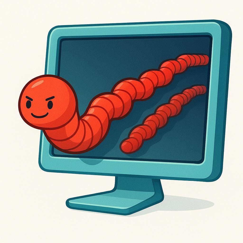 A bright red cartoon worm emerging from a blue computer screen, followed by many smaller, identical red worms trailing behind it, symbolizing replication.